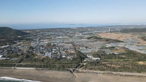 Aerial view of small town by the beach, Aichi, Japan Stock Footage 325833253