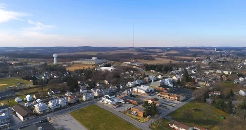 Aerial View of Small Town Main Street of Hampstead Maryland Stock Footage 100809455