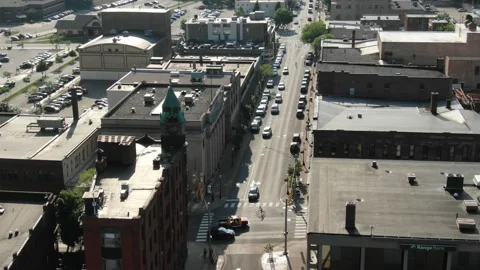 Aerial view of small town main street in Marquette, Michigan in summer Stock Footage 203561074