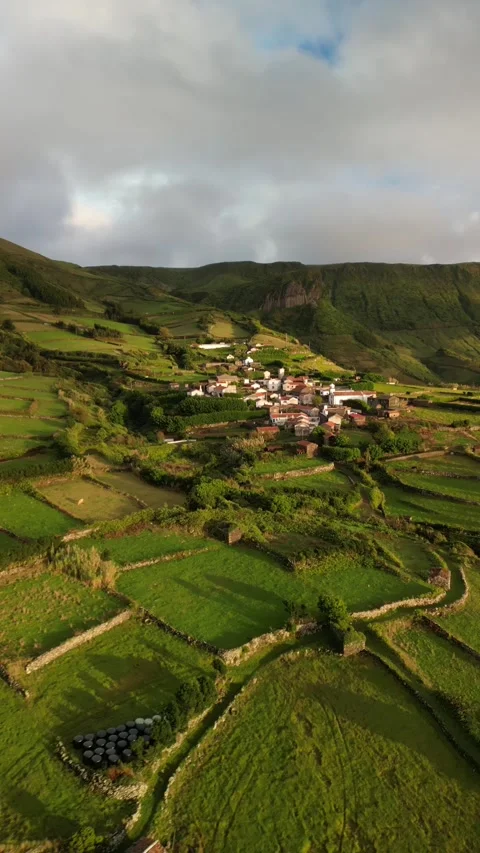 Aerial view of small town Mosteiro at Flores island Azores Stock Footage 270318167