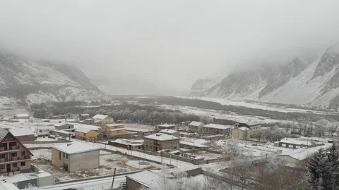Aerial view of small town Stepantsminda, Kazbegi near mountain Kazbek, Georgia 스톡 동영상 120142154