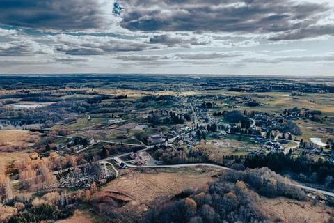 Aerial view of small village in Easter Europe in Lithuania in autumn Stock Photos