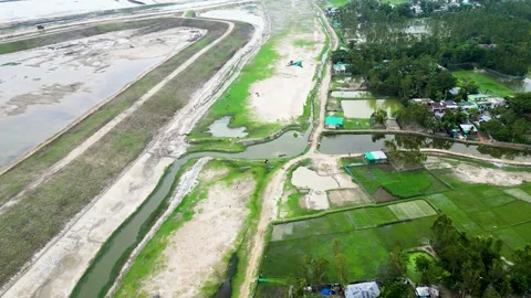 Aerial view of a small, winding river cutting through a vibrant green grassfield Video stock 287783388