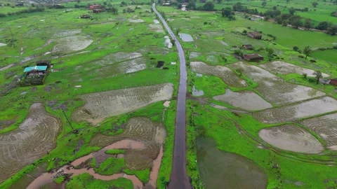 Aerial View of a Small Winding Road Passing Through Vast Green Grassland Видео 342701451