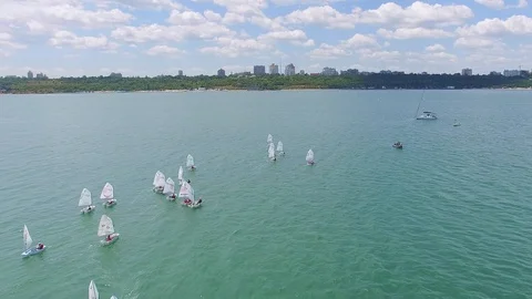 Aerial view of small yachts training at sea Stock Footage 93571364