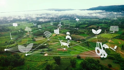 Aerial view, smart farming icon with network Stock Footage