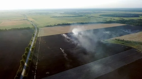 Aerial view of smoke from a fire over a plowed field Video stock 126169518
