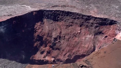 Aerial View of Smoke Inside an Active Volcano Crater Stock Footage 130358970