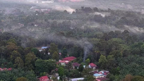 Aerial view of smoke from open burning near village Stock Footage 337541668
