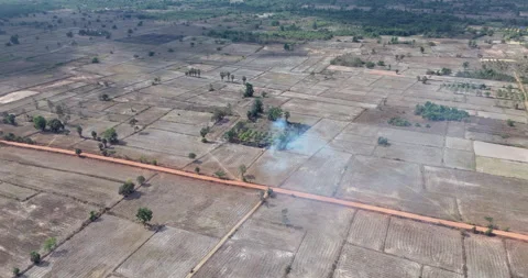 Aerial view: smoke rises from segmented, dry farmland and a dirt road. Stock Footage 335539619