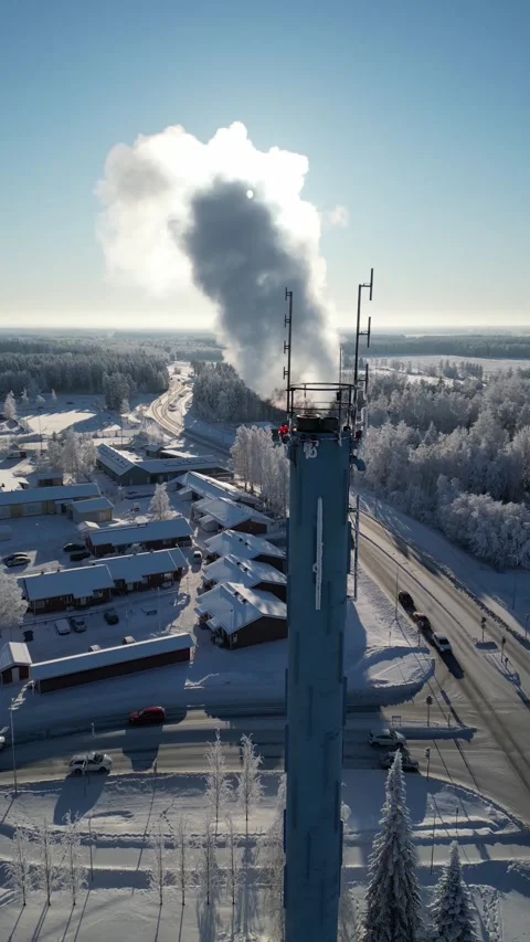 Aerial view of smoke stack with smoke emission Video stock 328500687