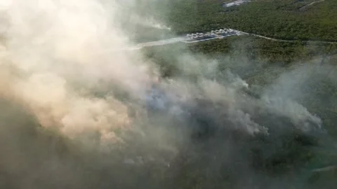 Aerial view of smoke from wildfire in the fields during drought and hot weather Stock-Footage 235921577