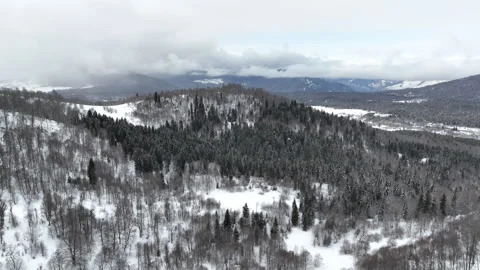 Aerial view of snow covered forest and mountains in Bakuriani, Georgia 스톡 동영상 327328343