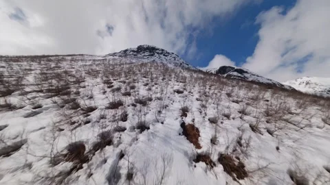 Aerial view of snow covered mountain slope in spring with thin trees and ro.. Stock Footage 337522280