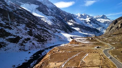 Aerial View of Snow Covered Mountain Road in Himachal Pradesh Stock Footage 340967029