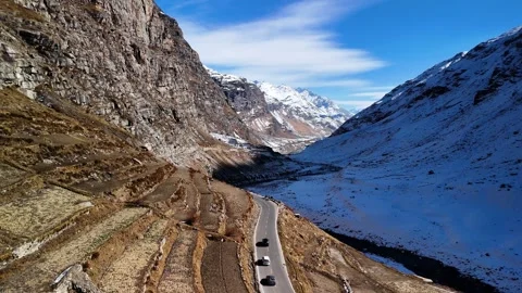 Aerial View of Snow Covered Mountain Road in Himachal Pradesh Stock Footage 340967079