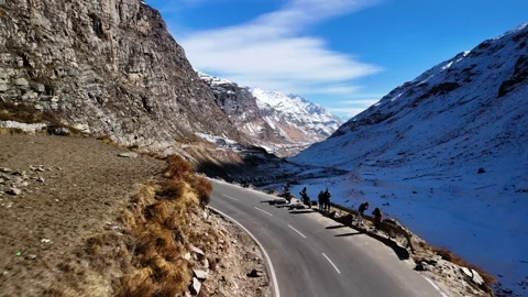 Aerial View of Snow Covered Mountain Road in Himachal Pradesh Stock Footage 340967101