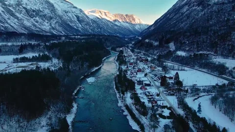 Aerial View of Snow Covered Oppdal Town and Driva River in Winter, Norway Stock Footage 315738806