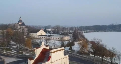 Aerial View of a Snow-Covered Town in Winter Stock Footage 346649228