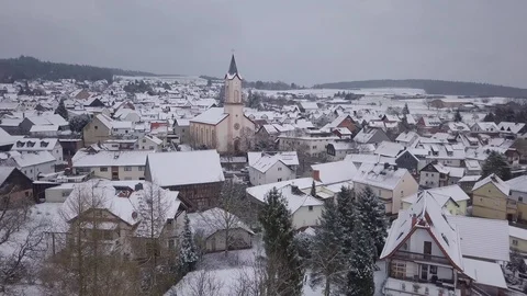 Aerial View Snow Covered Winter Village Small Church Germany Stock Footage 102474207