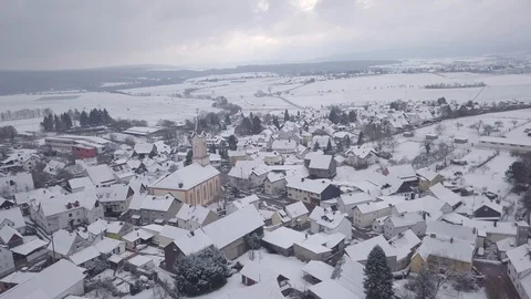 Aerial View Snow Covered Winter Village Small Church Germany Stock Footage 102474618