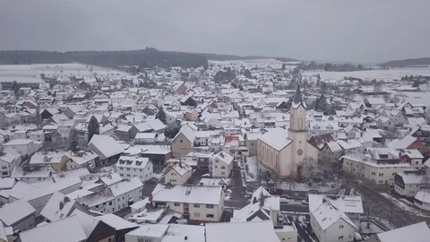 Aerial View Snow Covered Winter Village Small Church Germany Stock Footage 102483956