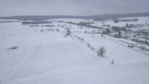 Aerial View Snow Covered Winter Village Small Church Germany Stock Footage 102484293