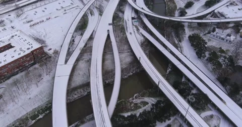 Aerial View Of Snow Filled Freeways During Snow Storm In Houston Stock Footage 148906408