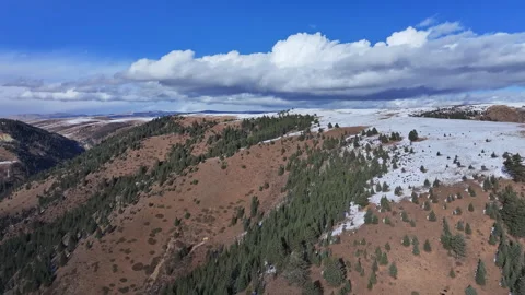 Aerial view of snowy pine forests and mountain canyons in Western Sichuan Stock Footage 332552174