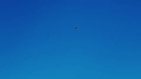 Aerial view of the soaring parachute at sunset over the land 動画素材 295867447