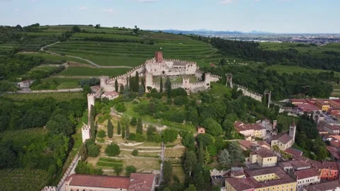 Aerial view of the Soave Castle Stock Footage 155003799