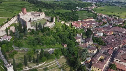 Aerial view of the Soave Castle Stock Footage 155004050