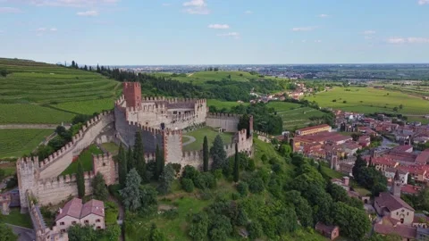 Aerial view of the Soave Castle Stock Footage 155004456
