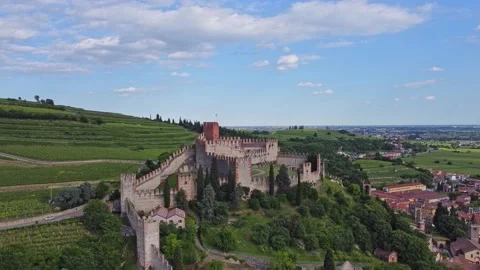 Aerial view of the Soave Castle Stock Footage 155006230