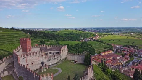 Aerial view of the Soave Castle Stock Footage 155006864