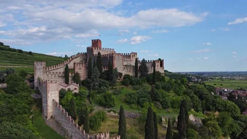 Aerial view of the Soave Castle Stock Footage 155007356