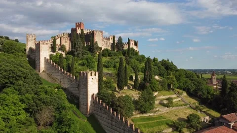 Aerial view of the Soave Castle Stock Footage 155009134