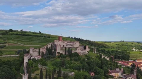 Aerial view of the Soave Castle Stock Footage 155010331