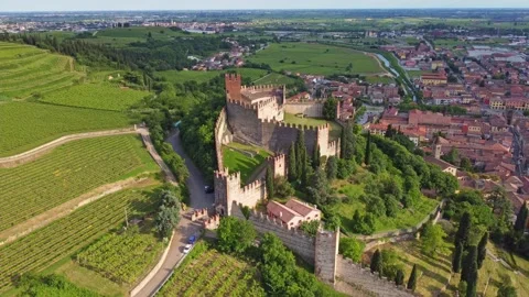 Aerial view of the Soave Castle Stock Footage 155012933