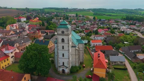 Aerial View of Sobotka Town and Church of Saint Mary Magdalene, Czech Republic Stock Footage 318344416