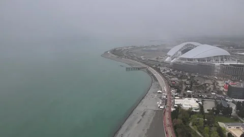 Aerial view of the Sochi Olympic coastline in cloudy weather Stock Footage 337544674