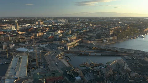Aerial view of Sodermalm, Slussen &amp; Golden Bridge construction site in Stockholm Stock Footage 130122230