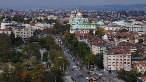 Aerial view of Sofia, Bulgaria skyline including the Alexander Nevski cathedral 스톡 동영상 318968001