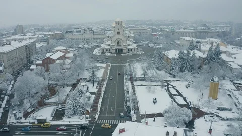 Aerial view of Sofia Center with a large Orthodox church in winter Video stock 126976634