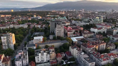 Aerial View of Sofia City and Vitosha Mountain at Sunset Stockbeeldmateriaal 347076322