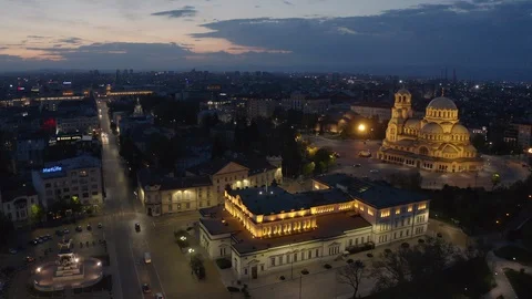 Aerial view of Sofia city with architectural buildings  in the evening Stock Footage 129389508