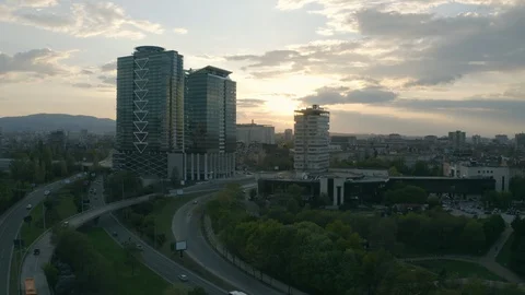 Aerial view of Sofia city with skyscraper and sunset boulevards Stock Footage 129390042