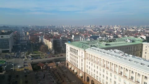 Aerial view of Sofia public square and buildings with the view of Sofia Stock Footage 246029344