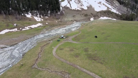 Aerial view of Sofia waterfalls mountain valley and river Stock Footage 337710650