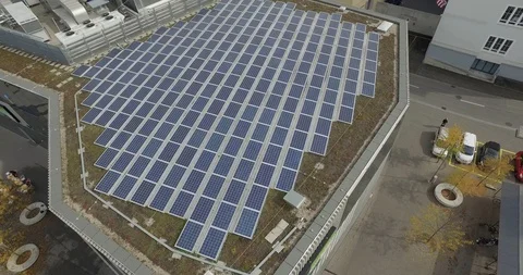 Aerial view of solar cell panels on a rooftop of residential building . Stock Footage 120966761